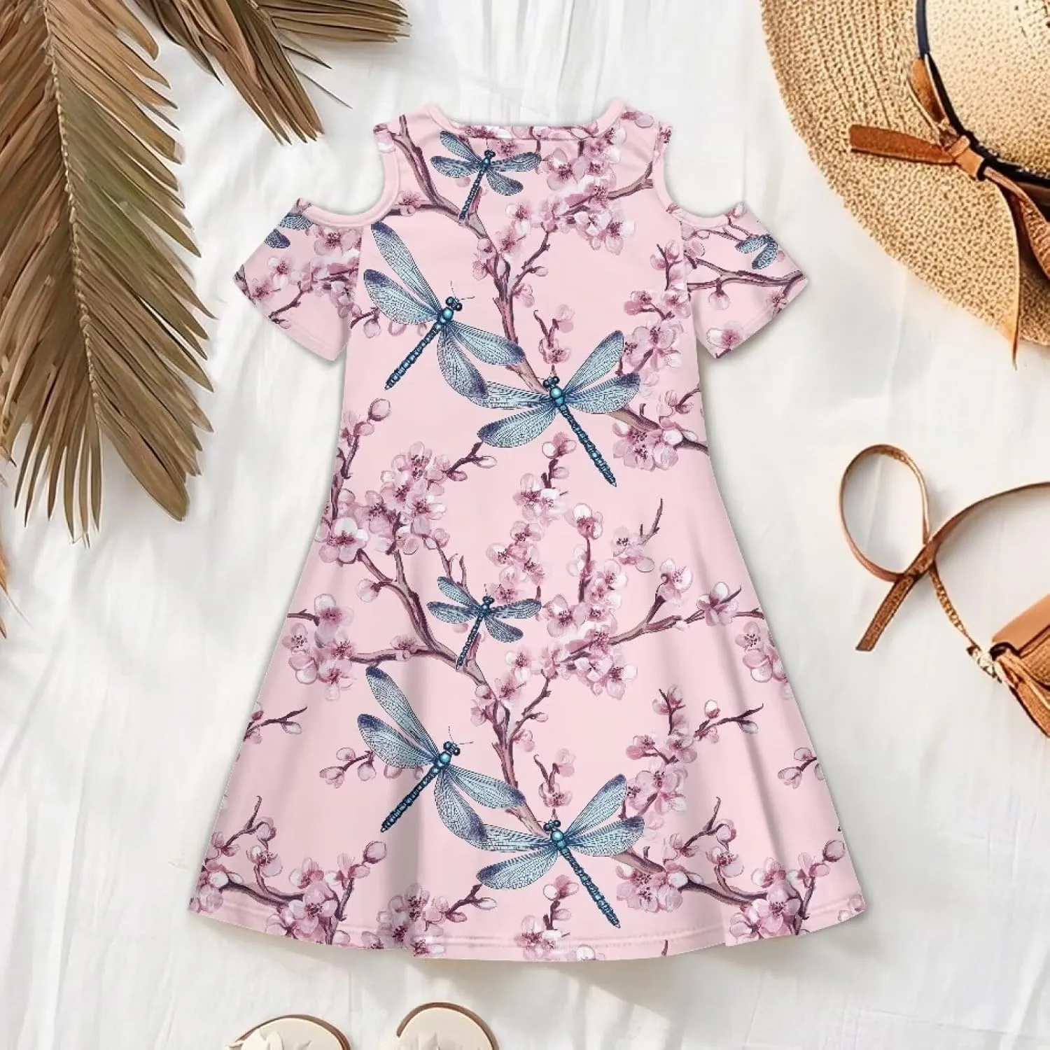 Youngerbaby Dresses for Girls 3-14T Off The Shoulder Midi Dress with Pockets Back to School Dress