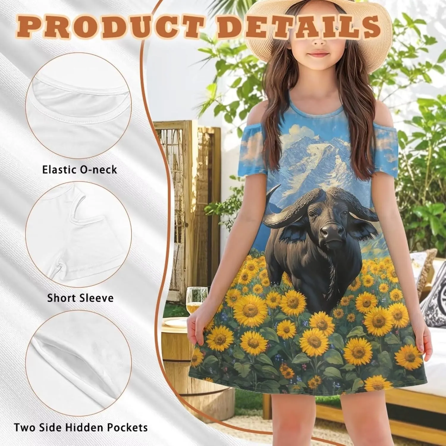 Youngerbaby Dresses for Girls 3-14T Off The Shoulder Midi Dress with Pockets Back to School Dress