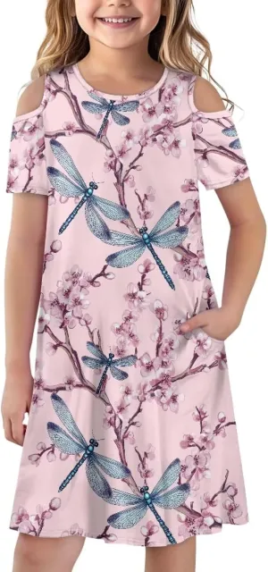 Youngerbaby Dresses for Girls 3-14T Off The Shoulder Midi Dress with Pockets Back to School Dress