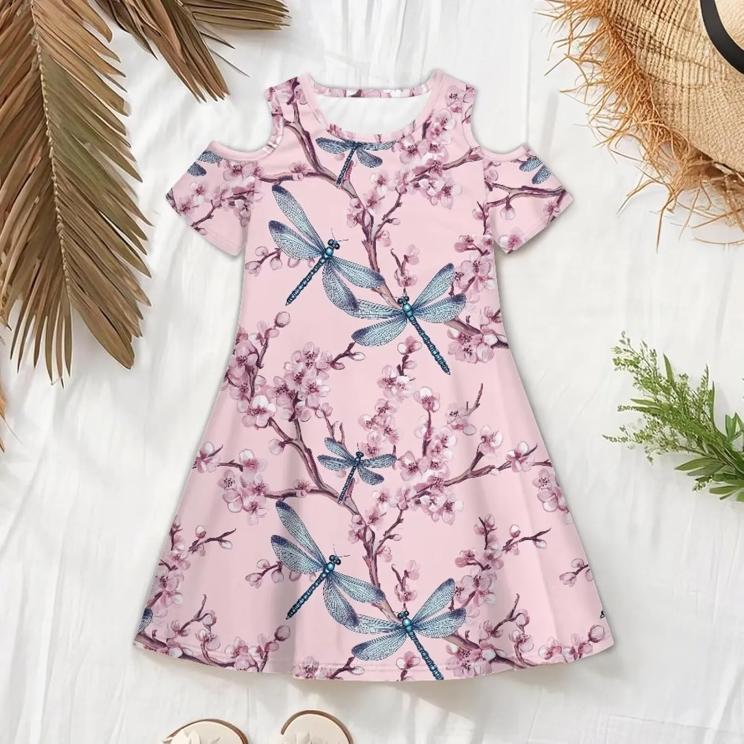 Youngerbaby Dresses for Girls 3-14T Off The Shoulder Midi Dress with Pockets Back to School Dress