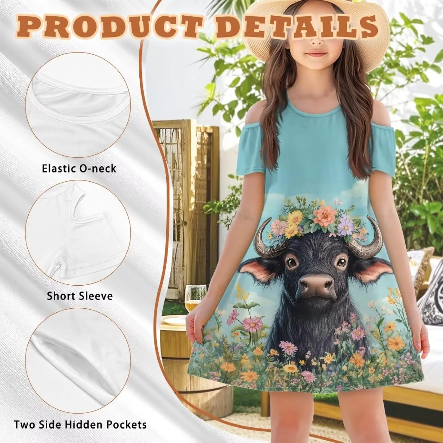 Youngerbaby Dresses for Girls 3-14T Off The Shoulder Midi Dress with Pockets Back to School Dress