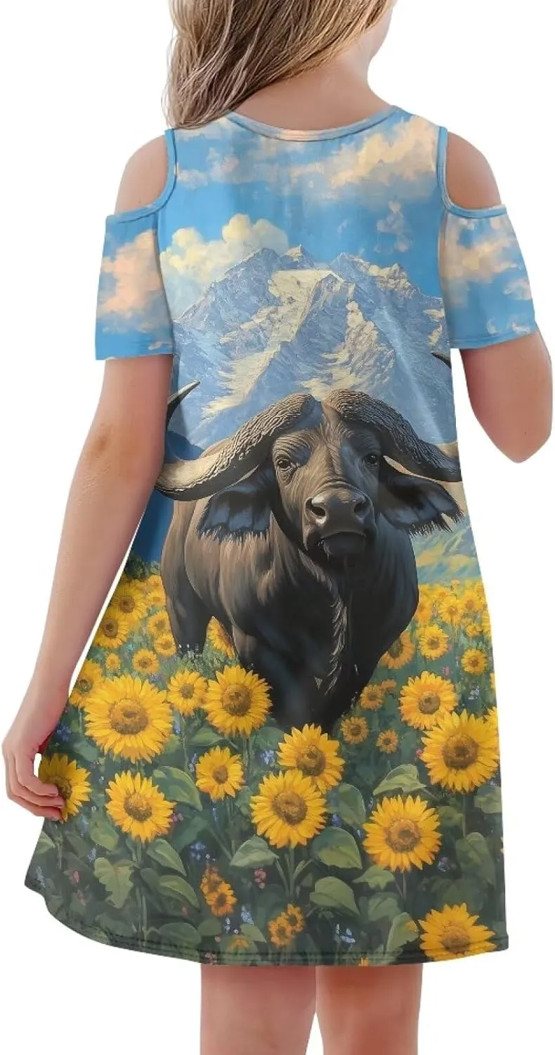 Youngerbaby Dresses for Girls 3-14T Off The Shoulder Midi Dress with Pockets Back to School Dress