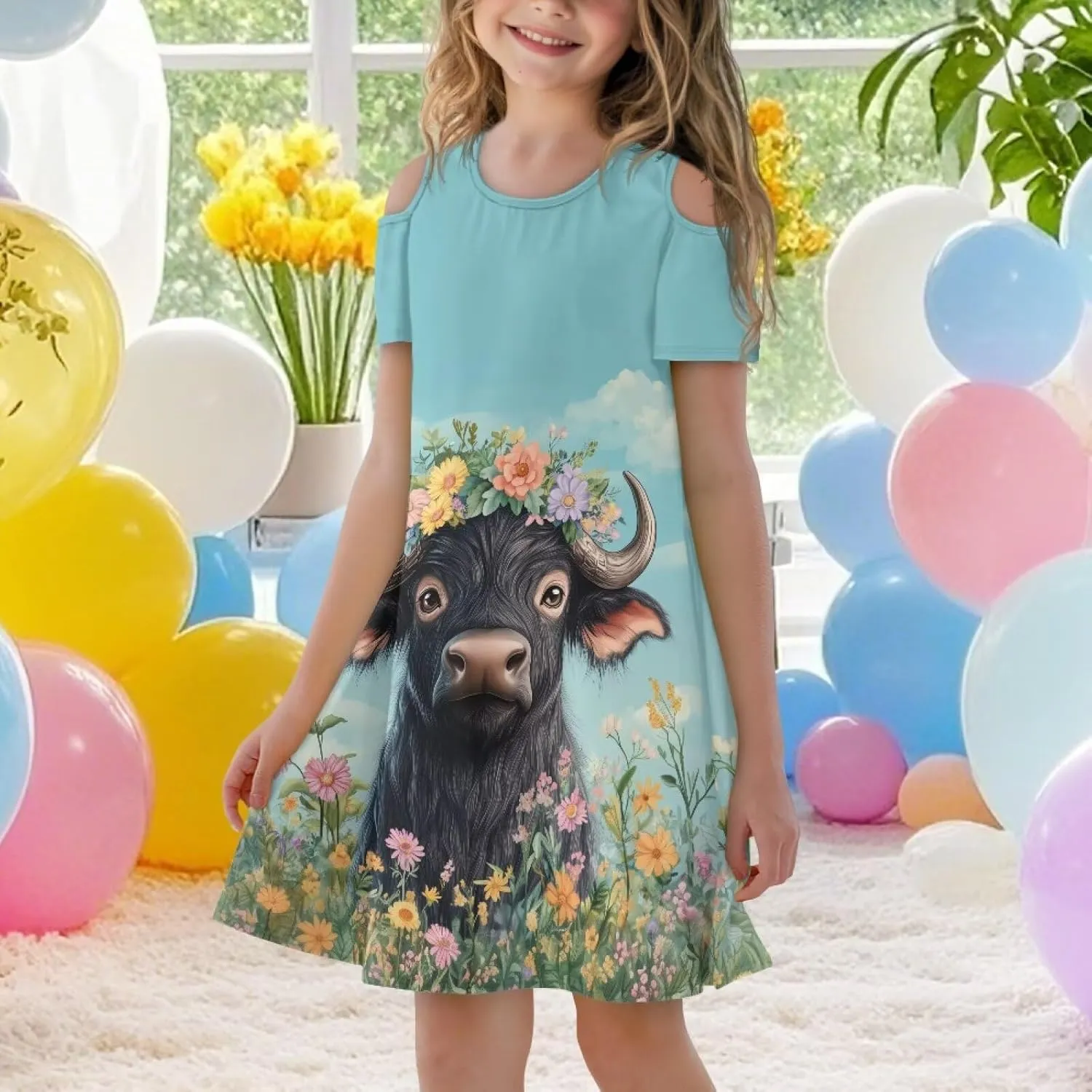 Youngerbaby Dresses for Girls 3-14T Off The Shoulder Midi Dress with Pockets Back to School Dress