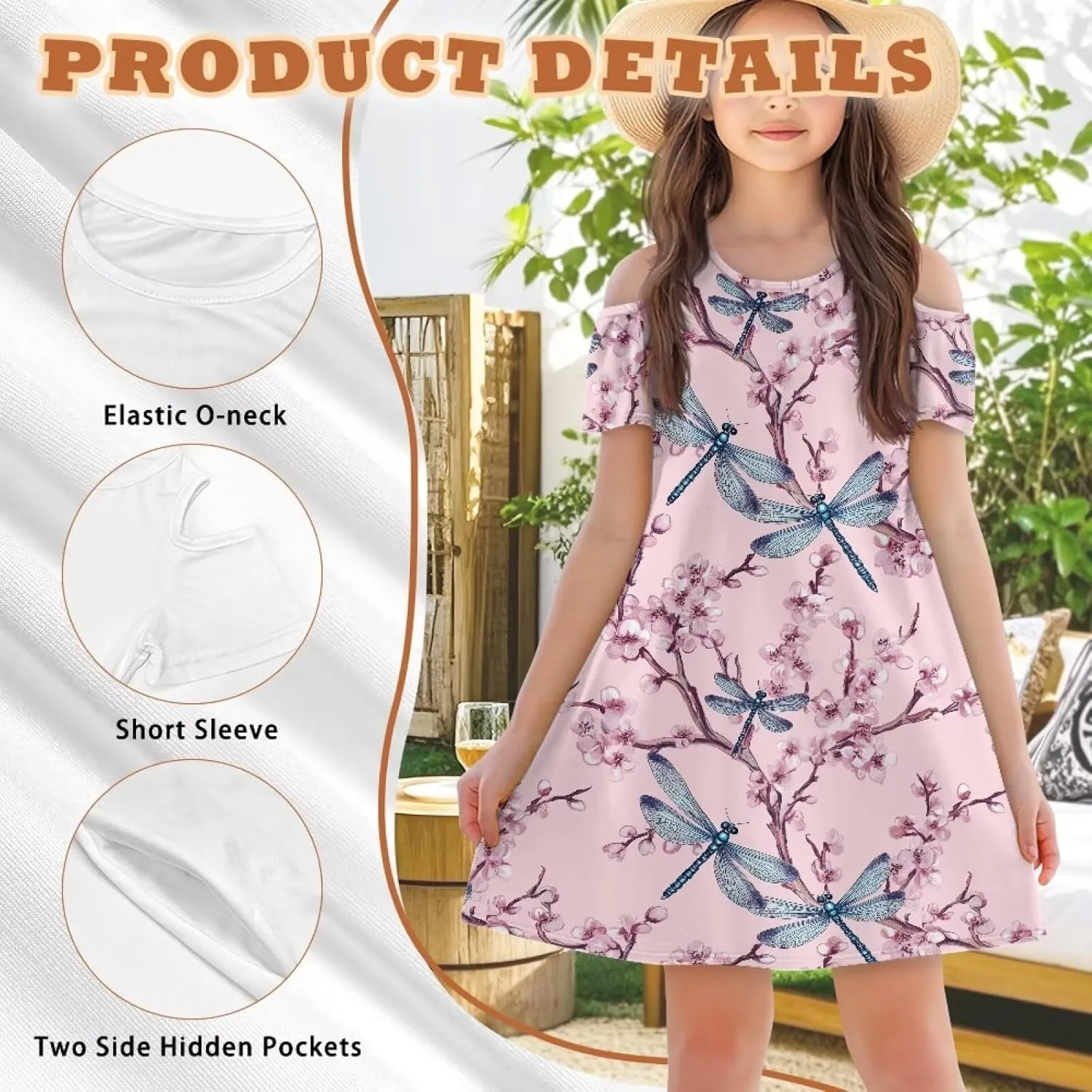 Youngerbaby Dresses for Girls 3-14T Off The Shoulder Midi Dress with Pockets Back to School Dress