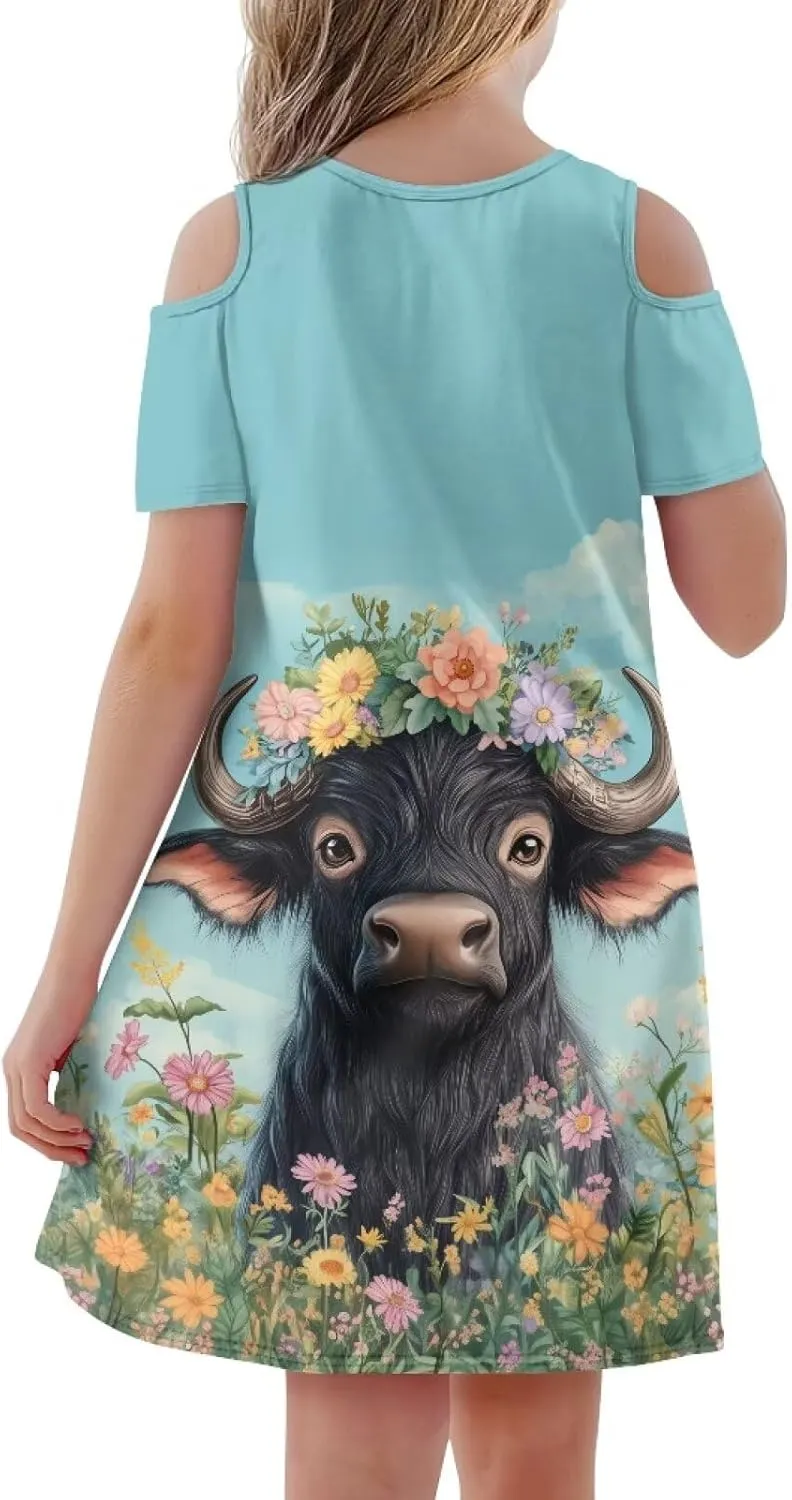 Youngerbaby Dresses for Girls 3-14T Off The Shoulder Midi Dress with Pockets Back to School Dress