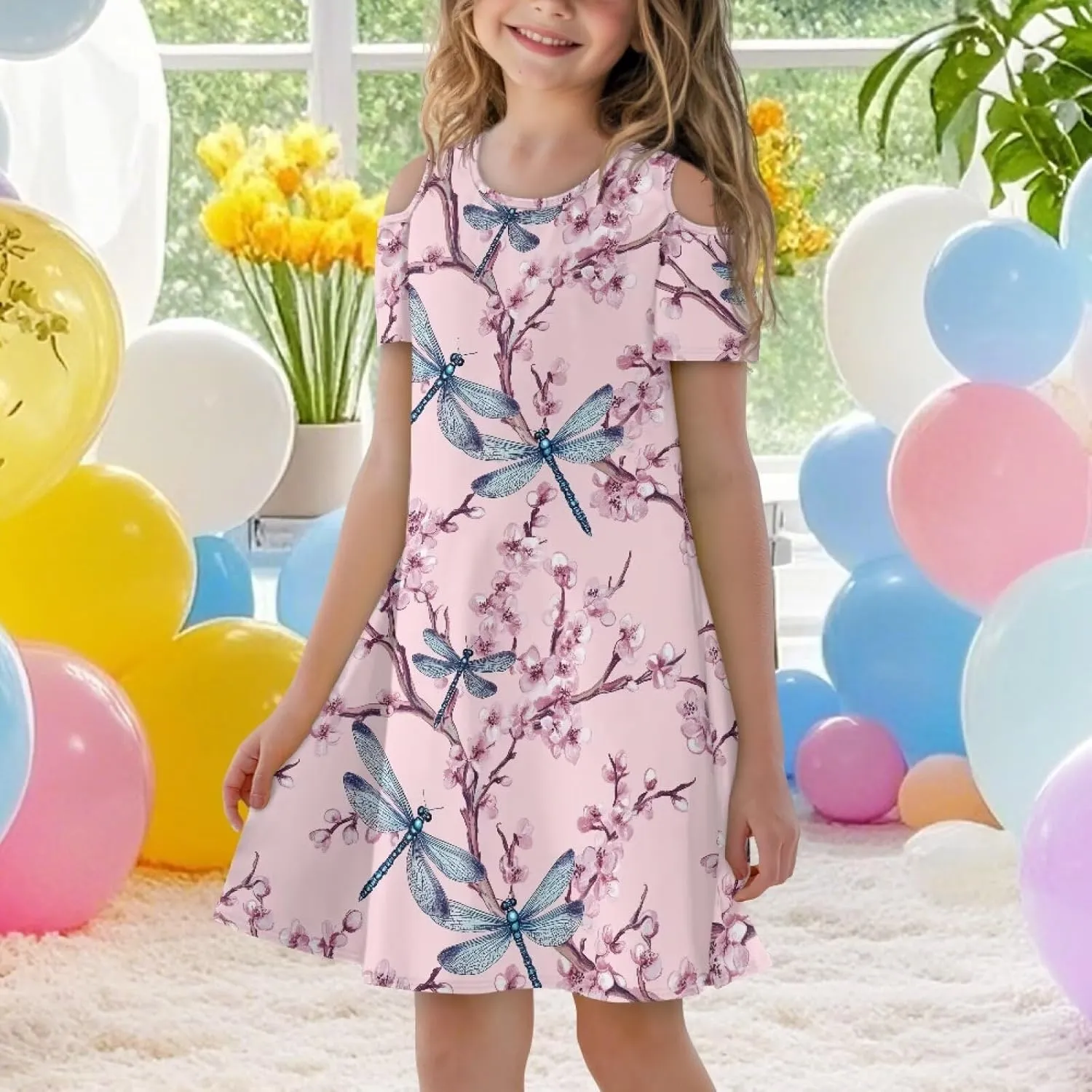 Youngerbaby Dresses for Girls 3-14T Off The Shoulder Midi Dress with Pockets Back to School Dress