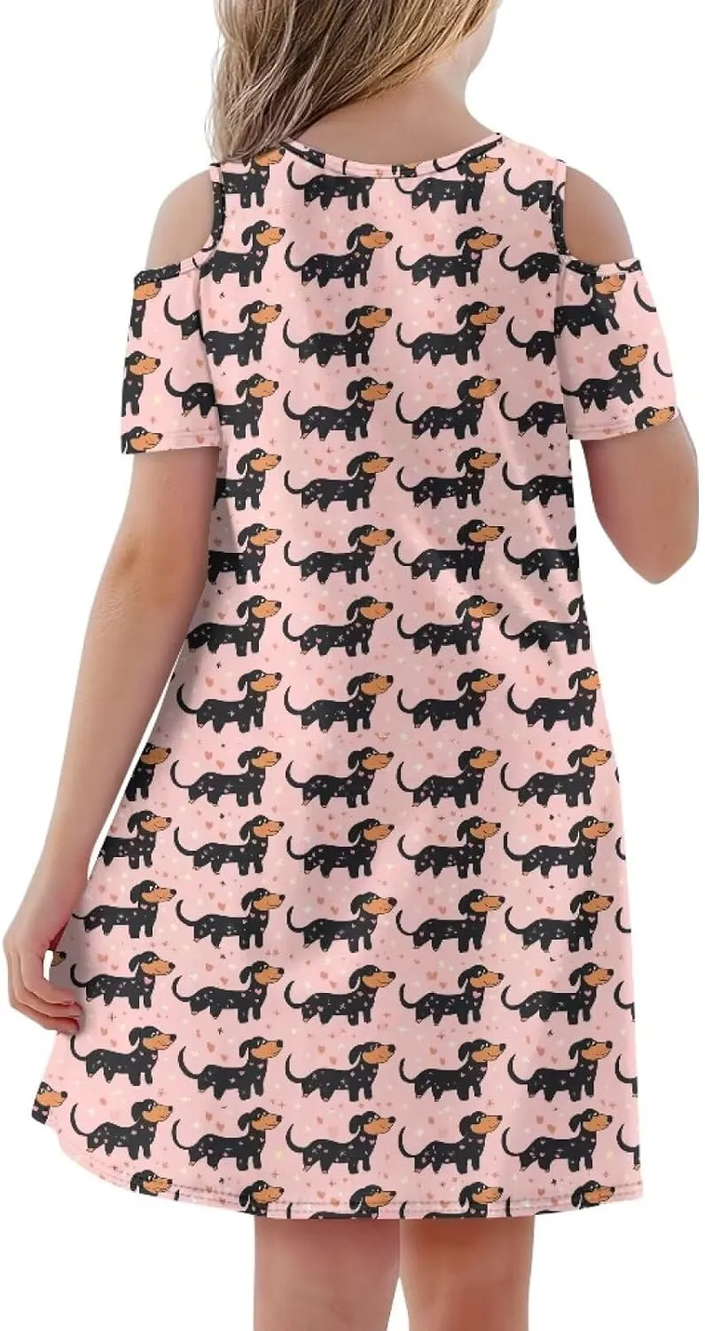 Youngerbaby Dresses for Girls 3-14T Off The Shoulder Midi Dress with Pockets Back to School Dress