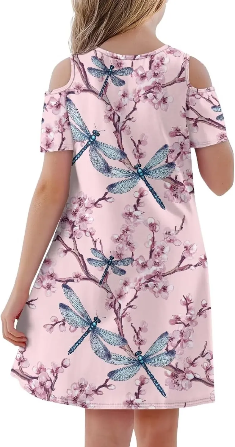 Youngerbaby Dresses for Girls 3-14T Off The Shoulder Midi Dress with Pockets Back to School Dress