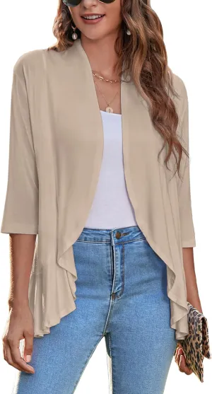 Zeagoo Women's Open Front Cardigan 3/4 Sleeve Draped Ruffles Soft Knit Sweaters S-3XL