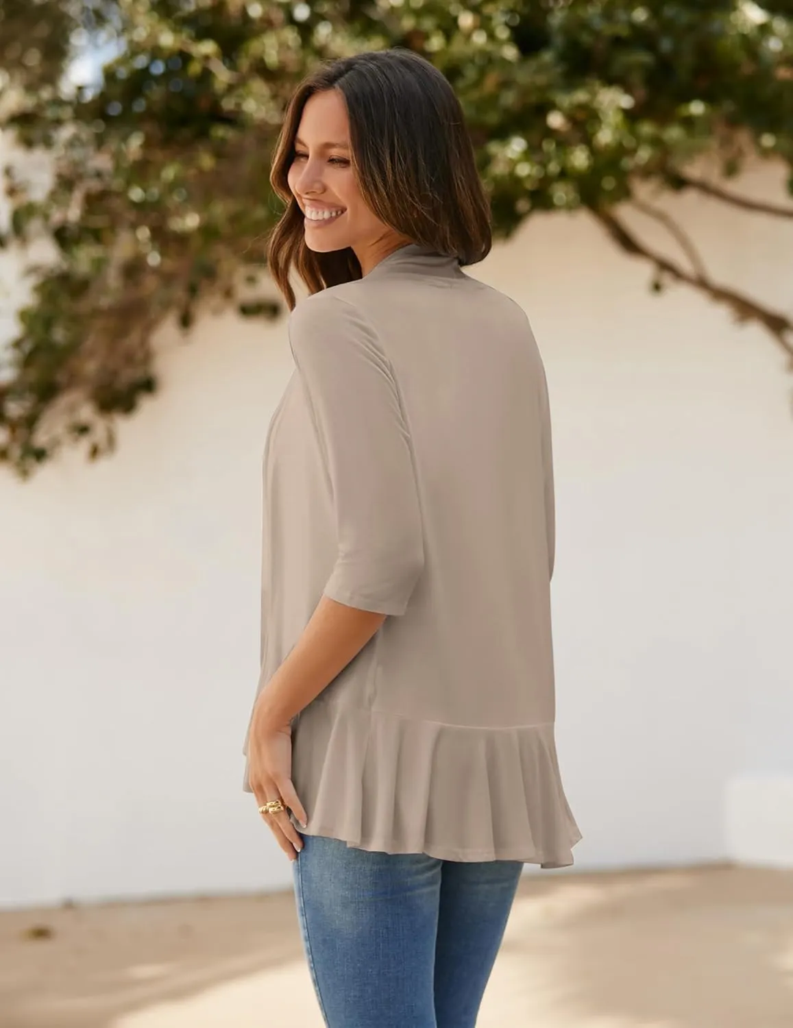 Zeagoo Women's Open Front Cardigan 3/4 Sleeve Draped Ruffles Soft Knit Sweaters S-3XL