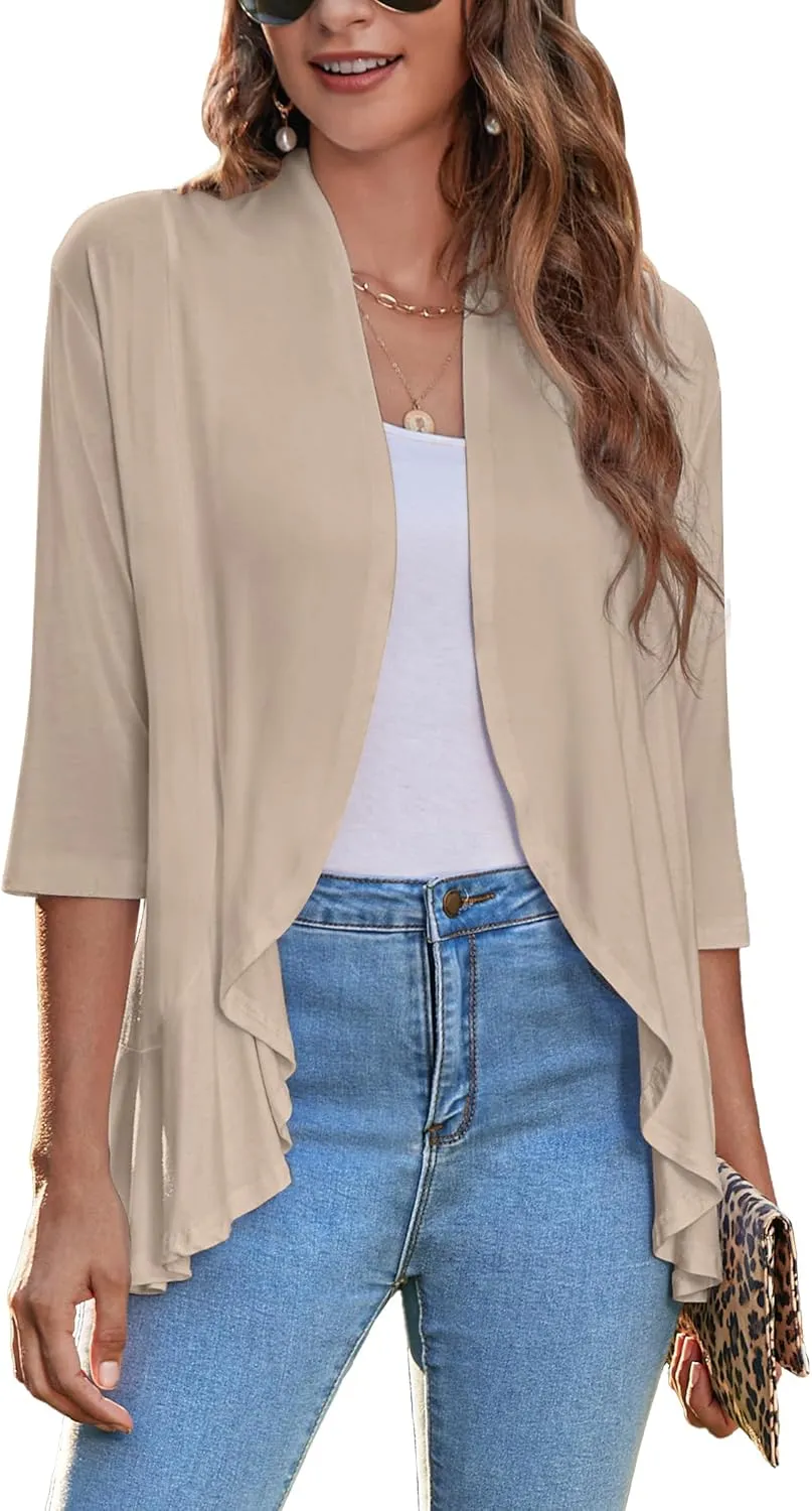 Zeagoo Women's Open Front Cardigan 3/4 Sleeve Draped Ruffles Soft Knit Sweaters S-3XL