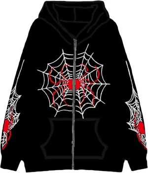 Zip Up Hoodies for Women Y2K Spider Web Print Halloween Hooded Sweatshirt Fleece Hoodie Coat Warm Hoody with Pockets