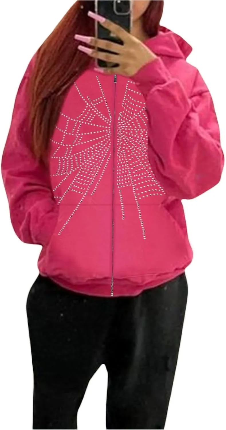Zip Up Hoodies for Women Y2K Spider Web Print Halloween Hooded Sweatshirt Fleece Hoodie Coat Warm Hoody with Pockets